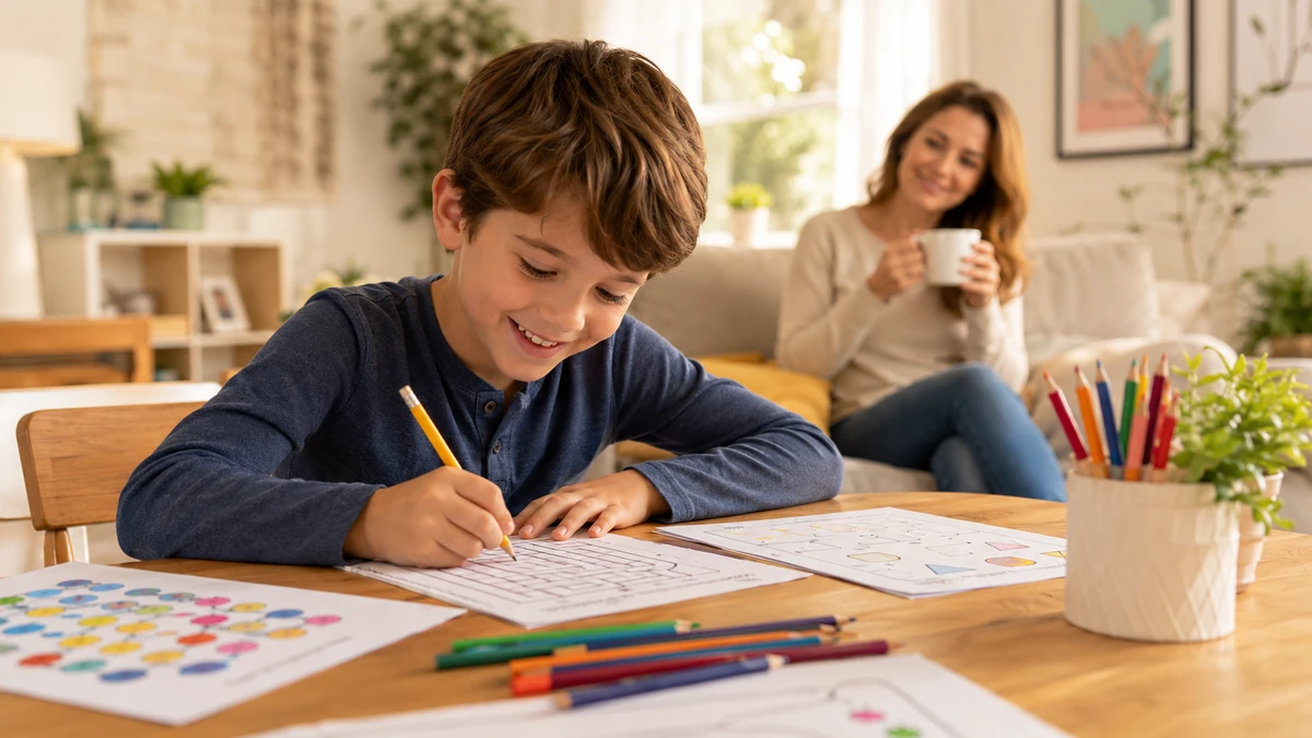 Skupione dziecko wykonujące aktywności na papierze, podczas gdy mama spokojnie pije kawę